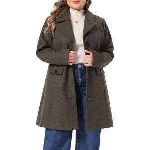 Women Plus Size Lapel Collar Single Breasted Long Winter Coat Coffee